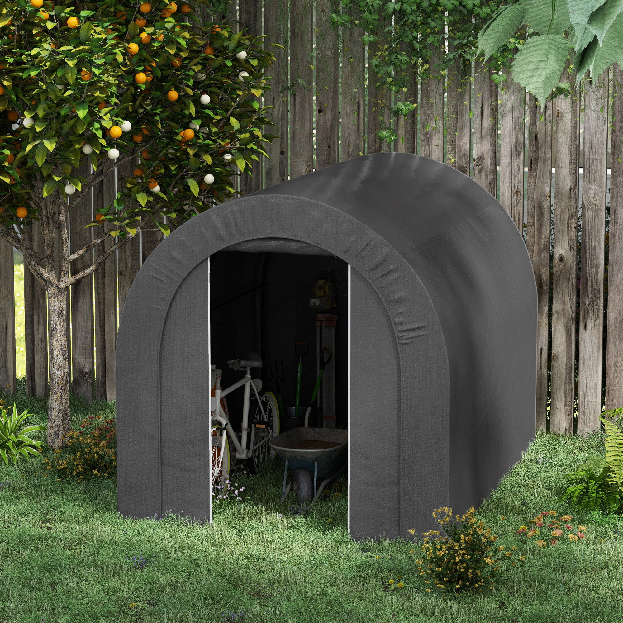 Outsunny Riparo da giardino tenda di stoccaggio esterno riparo per bici garage per bici telo in PE metallo 2,4 x 1,8 x 1,9 m grigio scuro   Aosom Italy