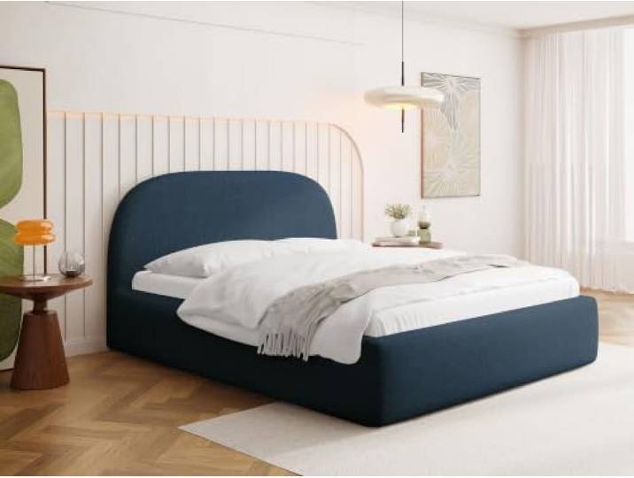 WFL GROUP Polsterbett 140x200 cm in Dunkelblau Chenille mit Bettkasten & Metall-Lattenrost – Hohes, Abgerundetes Kopfteil, Stauraum, Gaslift-Mechanismus, ohne Matratze – Hergestellt in Polen