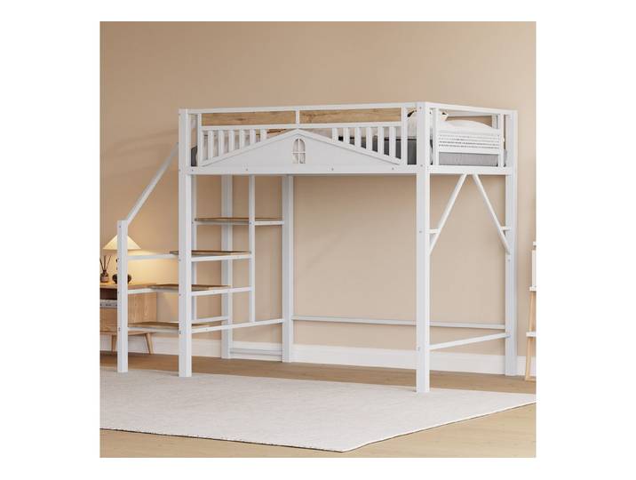 Flieks Hochbett Metallbett Kinderbett 140x200cm mit Treppe und Sicherheitszaun