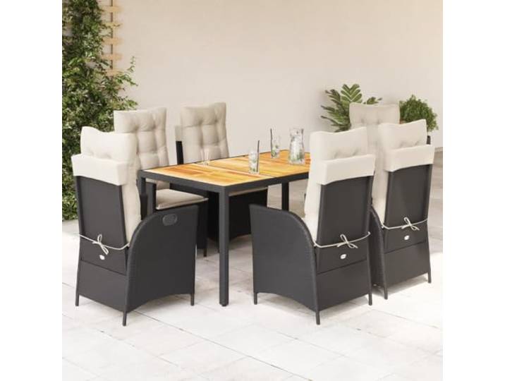 HEFZGDB 7-TLG. Garten-Essgruppe mit Kissen Schwarz Poly Rattan, Outdoor Esstischgruppe mit verstellbaren Sesseln und Akazienholz Tischplatte, wetterbeständige PE Rattan Möbel