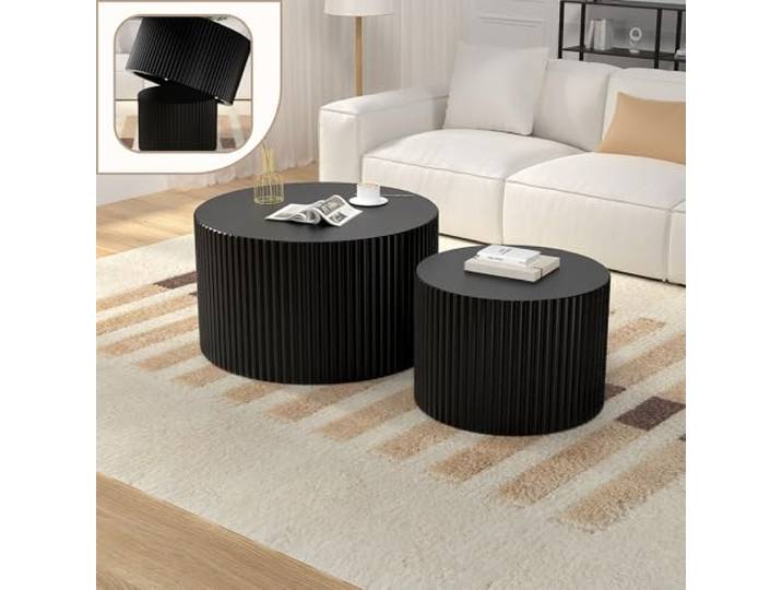 Wxnnx 70 cm Runder Couchtisch 2er Set Schwarz Geriffelte Trommel im modernen Stil - Kleiner Beistelltisch für Wohnzimmer, Wohnung, kleine Räume - Einfache Montage
