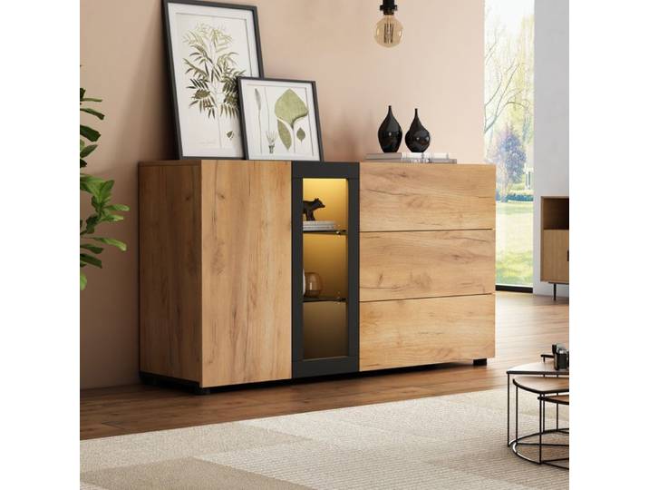Buffet moderne 140x40x80cm - avec 3 tiroirs et 1 porte - panneaux de particules - naturel + noir
