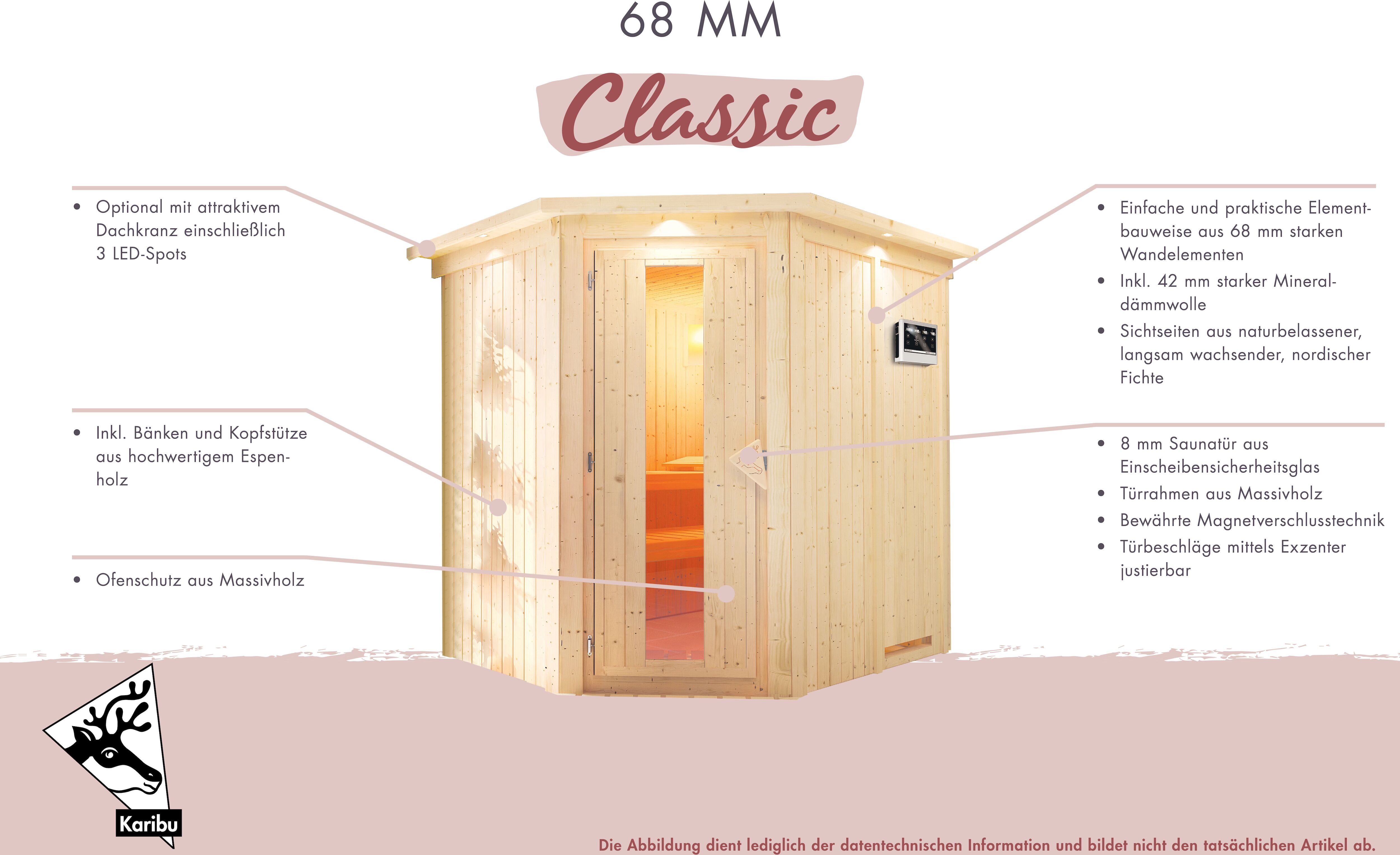 Sauna KARIBU "»Liyah« mit graphitfarbene Tür und Dachkranz", beige (naturbelassen), Bio-Kombiofen, externe Steuerung, (ohne Ofen), Saunen, Sauna, in verschiedenen Ausführungen erhältlich