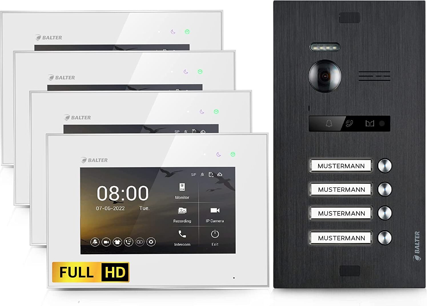 HD Video Türsprechanlage für 4 Familienhaus, 4x Monitor, Balter EVO HD Schwarz