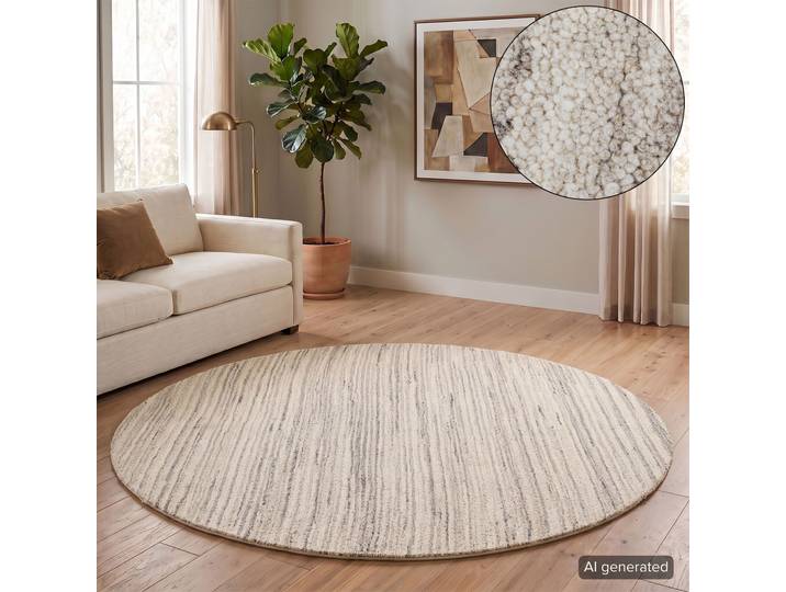 Wollteppich THEKO Janne, Berber Teppich, Wolle, meliert, handgearbeitet , beige (grau), H:20mm Ø:190cm, Wolle, Teppiche, Wollteppich, handgetuftet, Wohnzimmer, Schlafzimmer, Esszimmer