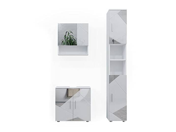 Vicco Badmöbel-Set Irma, Weiß Hochglanz mit Einsätzen, 80 cm, besteht aus Waschbeckenunterschrank, Spiegelschrank und Hochschrank