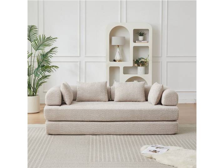 WOVREO Canapé-lit modulable 2 places 4-en-1 en chenille kaki dossier réglable 4 coussins sans montage