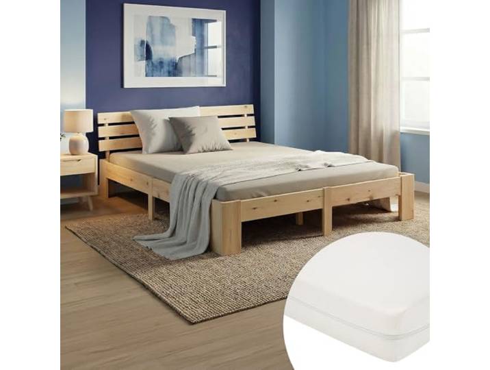 Homestyle4u Holzbett 140x200 mit Matratze & Lattenrost - Natur Kiefer