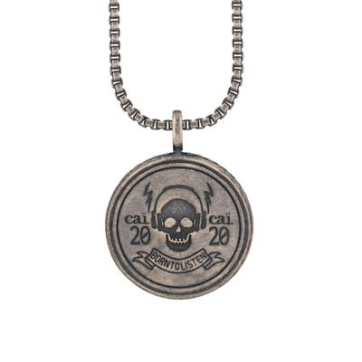 Kette mit Anhänger CAÏ "925/- Silber matt oxidiert Rock Music Skull Wappen", silber (silbergrau), Halsketten, Herren, 60cm, Silber 925 (Sterlingsilber), L: 60 B: 19mm, matt, B:19mm