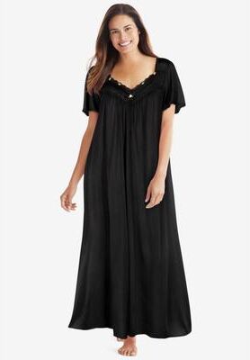 Plus Size Women's Long Silky Lace-Trim Gown by Only Necessities in Black (Size 5X) Pajamas