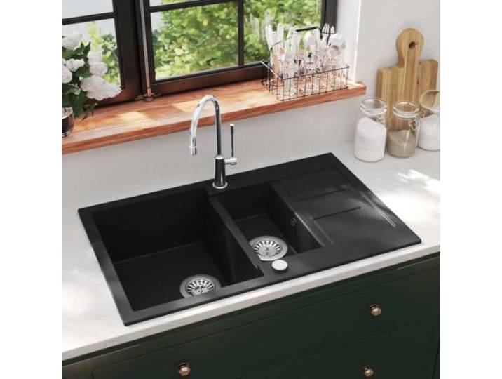 Granit-Küchenspüle Doppelbecken schwarz 800 x 500 mm Doppelwanne, wendbar, Granit 80% Quarz 20% Harz, hitzebeständig 280°C, kratzfest, Filter inklusive, Loch