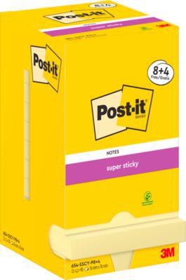 Super Sticky Post-it 654-SSCY-P8+4, 8 Blöcke, 90 Blatt je Block, je 76 x 76 mm, PEFC-zertifiziert, cellophanfrei verpackt, gelb + 4 Blöcke gratis