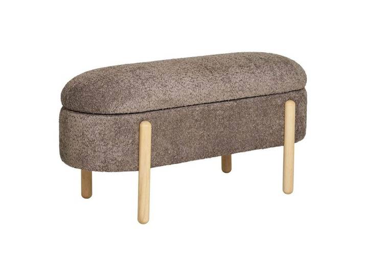 BRENDA - Banc-Coffre en Tissu Bouclettes Taupe Pieds Bois Naturel