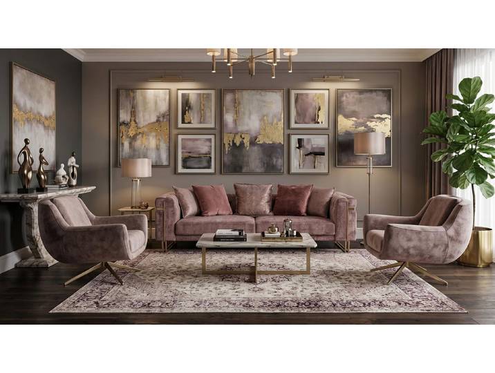 JVmoebel Polstergarnitur Wohnzimmer Set 3 Sitzer Sofa 2x Sessel Modern Rosa Einladend, (3-tlg., 3-tlg)