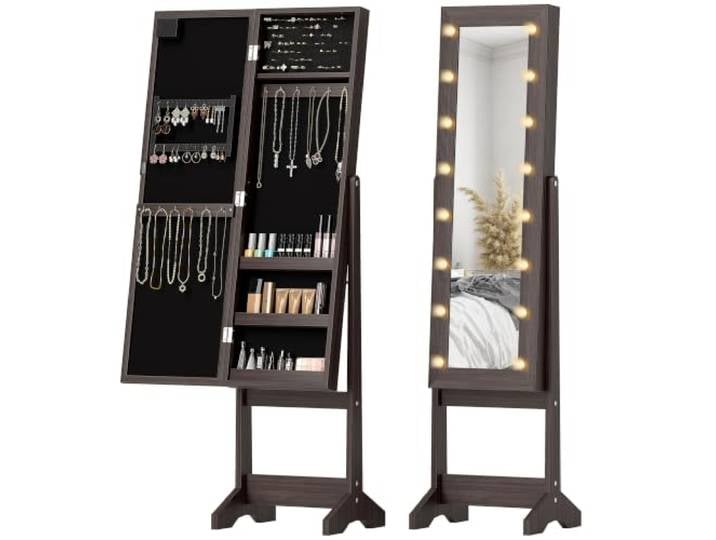 HOMCOM Armoire à Bijoux avec Miroir Multi-Rangements LED Marron Foncé Armoire de Rangement sur Pieds\, Boîte à Bijoux