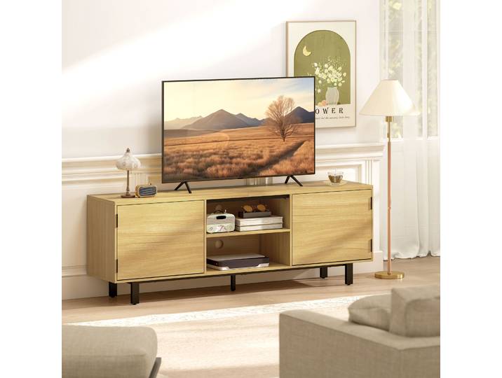 HOMCOM Meuble TV Bois 65 2 Portes 2 Étagères 160cm Naturel