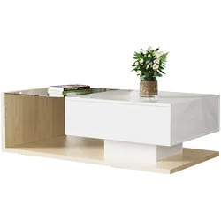 Couchtisch mit Glas und LED-Effekt 105x55x33 in Hochglanzweiß und Naturholzfarbe – 16 Farben LED-Beleuchtung, praktisches Staufach, modernes Design