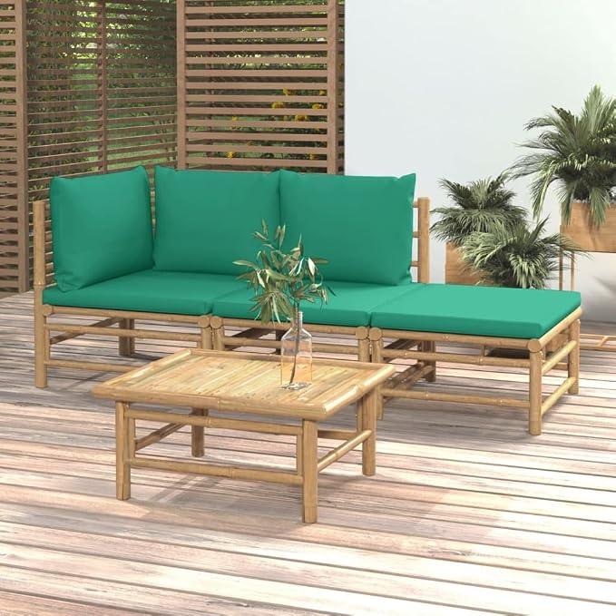 4-TLG. Bambus Garten-Lounge-Set mit grünen Kissen, modulares Outdoor-Sofa mit Armlehnen und Tisch für entspannte Stunden im Außenbereich
