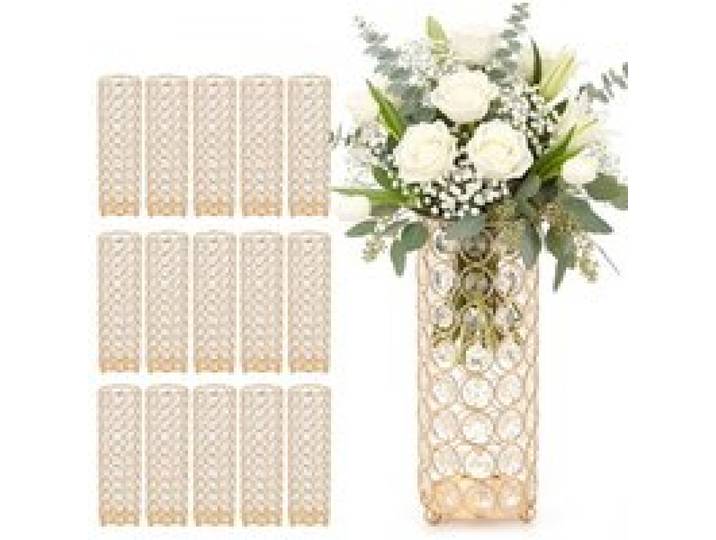 VEVOR 16 Stk. Hochzeitsvasen Tafelaufsatz Blumenvasen für Hochzeit 26 cm Hoch, Metall Tafelaufsatz Vasen mit Blumenständern, Kristall Zylindervase für Hochzeiten Party Jubiläumsfeier Zeremonie, Gold