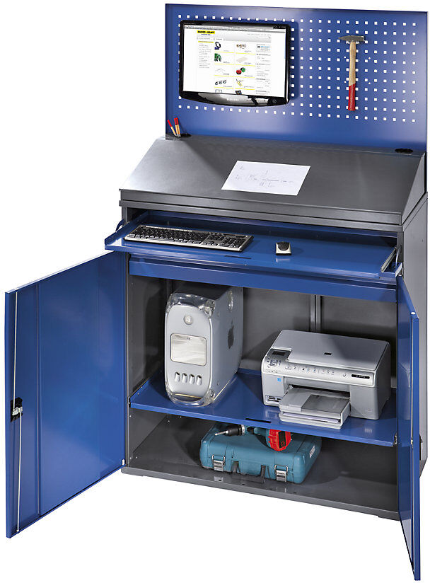 Computer-Arbeitsstation, Lochwand, Schreibpult, Ausziehboden, Schublade, Breite 650 mm, lichtgrau / enzianblau RAU