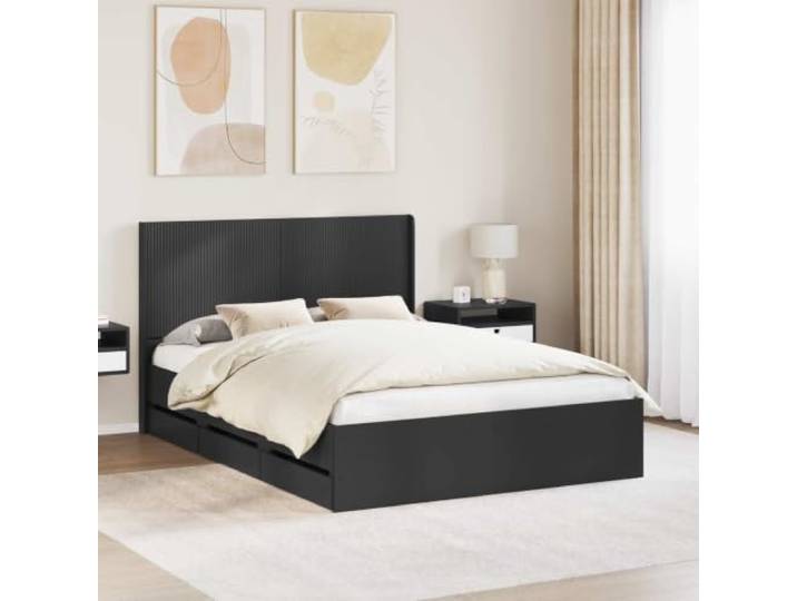 RJPLMFV Bettgestell mit Stauraum und Kopfteil, 160 x 200 cm, Schwarz Langlebiges Holzwerkstoff, fester Lattenrost, integrierte Aufbewahrung, leicht zu reinigen