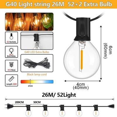 Uplift Treasures 30 M G40 LED Outdoor String Lights 50 Bulbs 82ft 26m 52bulbs eu Plug