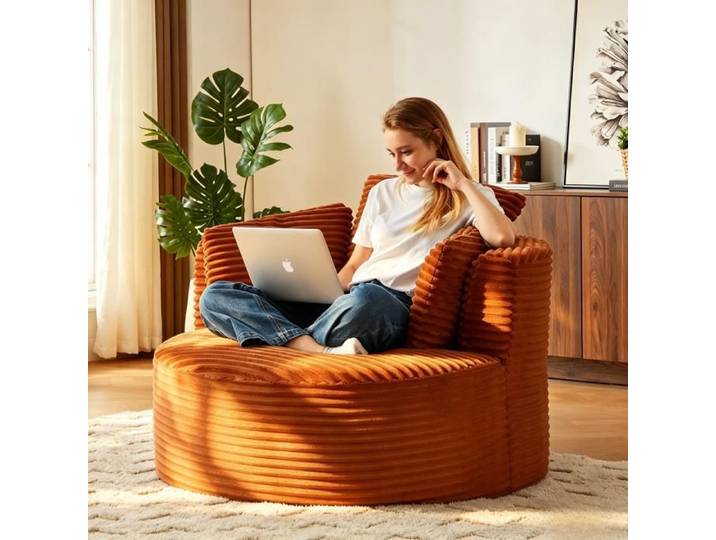 Fauteuil lounge rond surdimensionné velours côtelé fauteuil nuage moderne assise profonde salon chambre-124x113x86cm