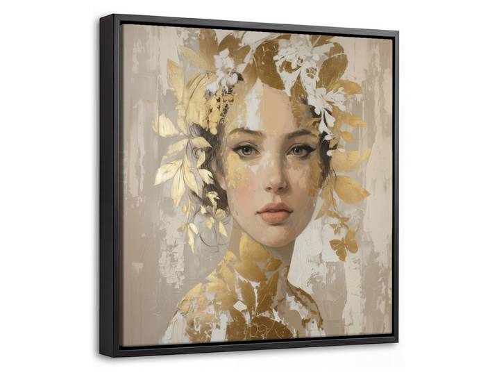 LEINWAND Bilder mit Rahmen - Gesicht - Frau - Blätter - Gold - 20x20