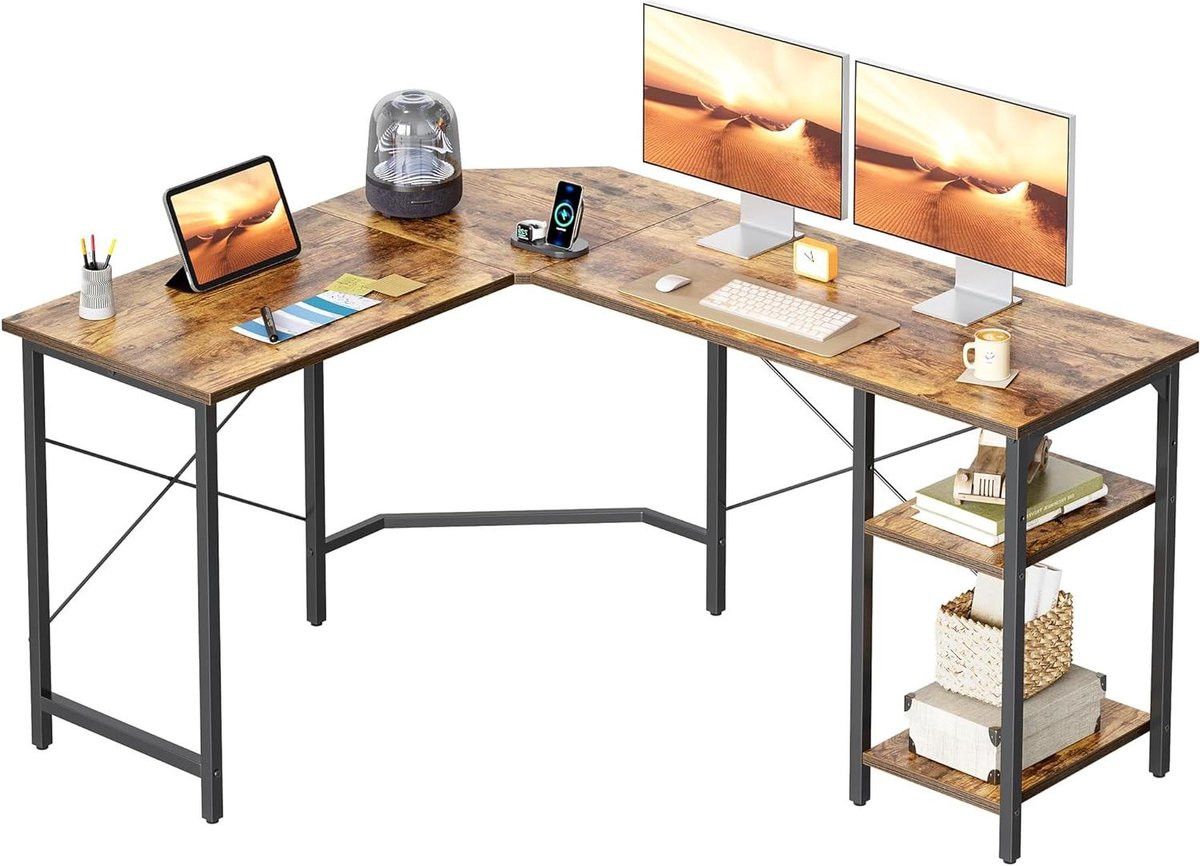L-vormig computerbureau met planken en stabiel Y-vormig pootontwerp, Wit, Breedte: 150 cm