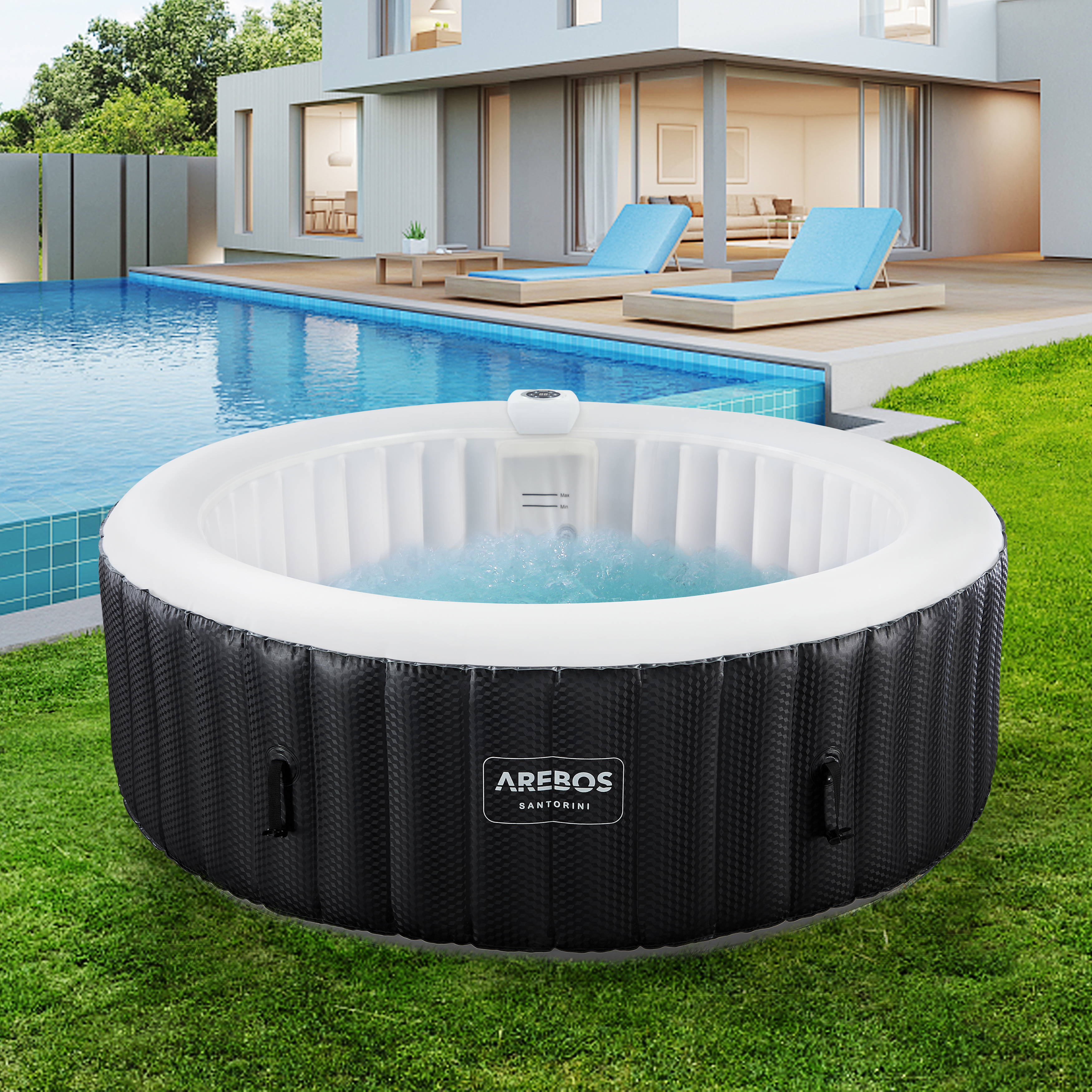 AREBOS Whirlpool, aufblasbar, 6 Pers., Ø 208 cm, 1000L, LED, 130 Düsen, Abdeckung