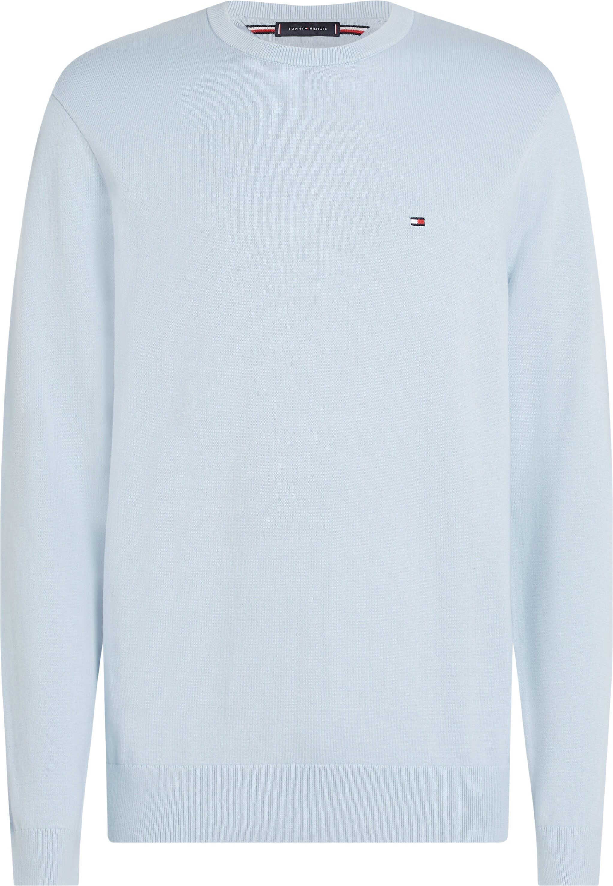 Rundhalspullover TOMMY HILFIGER "ESSENTIAL COTTON", Herren, Gr. L, blau (breezy blau), Strick, Obermaterial: 100% Baumwolle, regular fit, Rundhals, Rippbündchen, Pullover Rundhalspullover, Crewneck Regular Fit Premium Mode breezy blau L