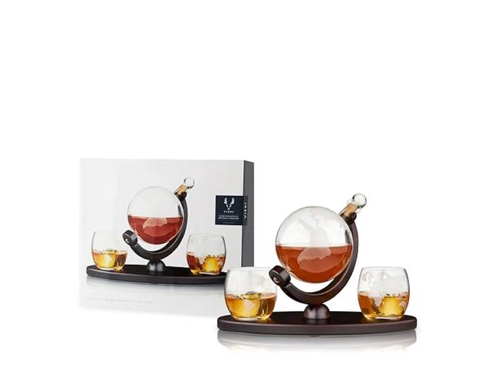 Viski 5401 Globus-Dekanter und 2 Becher-Set Geätztes Glas für Whiskey-Enthusiasten, Geschenk und Glaswaren-Zubehör, Transparent