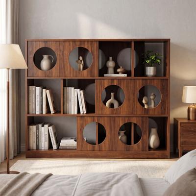 Garvee Modern Bookcase with Sliding Doors, Open Storage Cubes & Geometric Circle Cutout Design, for Home Office