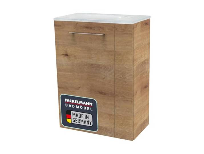 FACKELMANN Milano Gäste-WC Set 2 Teile – Waschtischunterschrank in Holz Braun mit Waschbecken aus Glas in Weiß – SBC Waschbeckenunterschrank schmal – Türanschlag Links – 45 cm breit