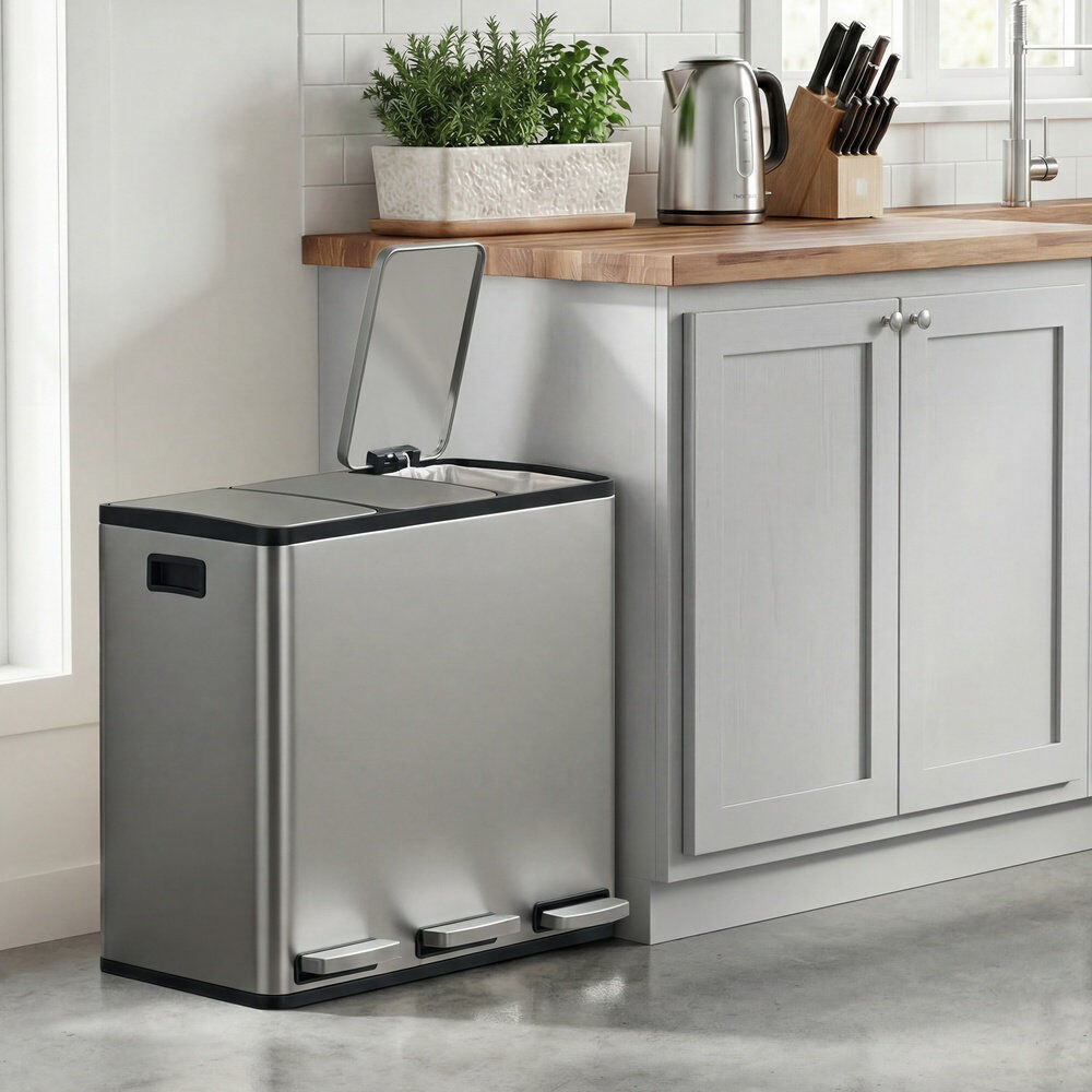 Vasagle 62×35.3×54cm Stainless Steel Step On Multi-Compartment Rubbish & Recycling Bin Silver 54L