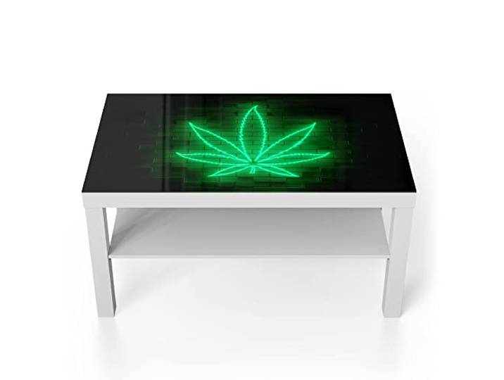 DEQORI Glastisch weiß groß 90x50 cm Motiv Leuchtsymbol Hanfblatt ausgefallener Beistelltisch aus Glas Hochglanz Couchtisch fürs Wohnzimmer moderner Couch Tisch mit Design