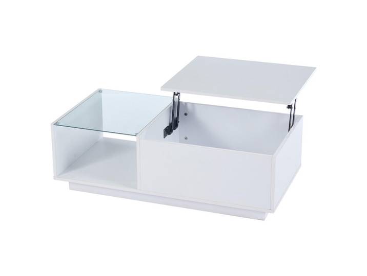 Flieks Couchtisch 100x50cm LED Höhenverstellbar Weiß Hochglanz Stauraum, Holz, 57.15x12.7x109.22 cm, Wohnzimmer, Wohnzimmertische, Couchtische