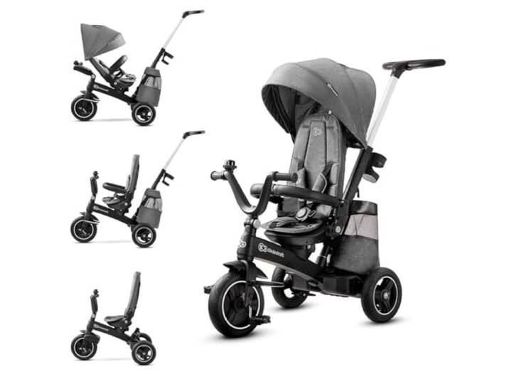 Kinderkraft Dreirad EASYTWIST, Kinderdreirad, Jogger, mit Zubehör, Dachfenster, Sicherheitsgurte, 360 Grad Drehbar, Freilaufrad, Schubstange, ab 9 Monate bis 5 Jahre, Bequemer Sitz, Grau