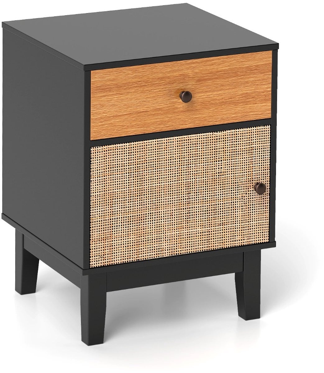 SureDeal® Nachtkastje Rotan Mid Century Bohemian Bijzettafel Zwart B: 40 cm, D: 39 cm, H: 55 cm