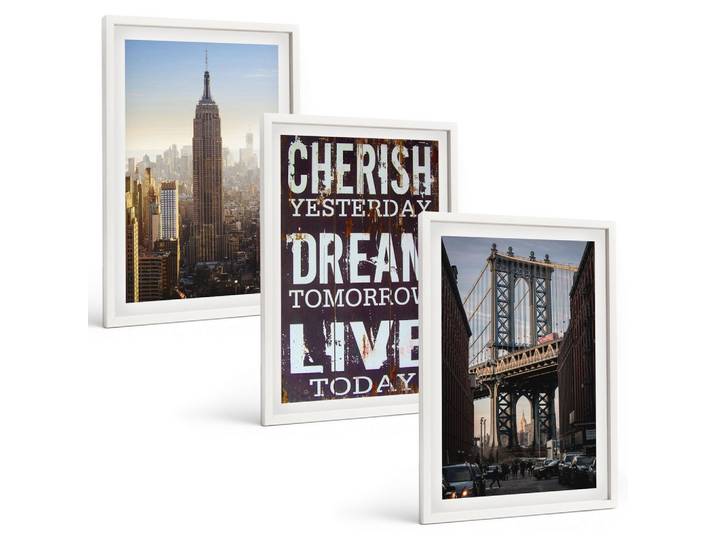BILDER SET 3er Set - 40x60 cm Weißer Rahmen - Zitat über New Yorker Landschaften