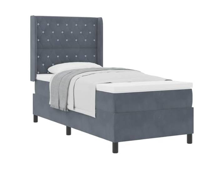 PUGYNBK Boxspringbett, Dunkelgrau, 90 x 200 cm, Samt Verstellbares Kopfteil, Kiefernholz, gefederte Federn, mittlere Festigkeit