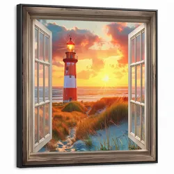 LEINWAND Bilder mit Rahmen - Aussicht - Fenster - Leuchtturm - Sonnenuntergang - Strand - 90x90