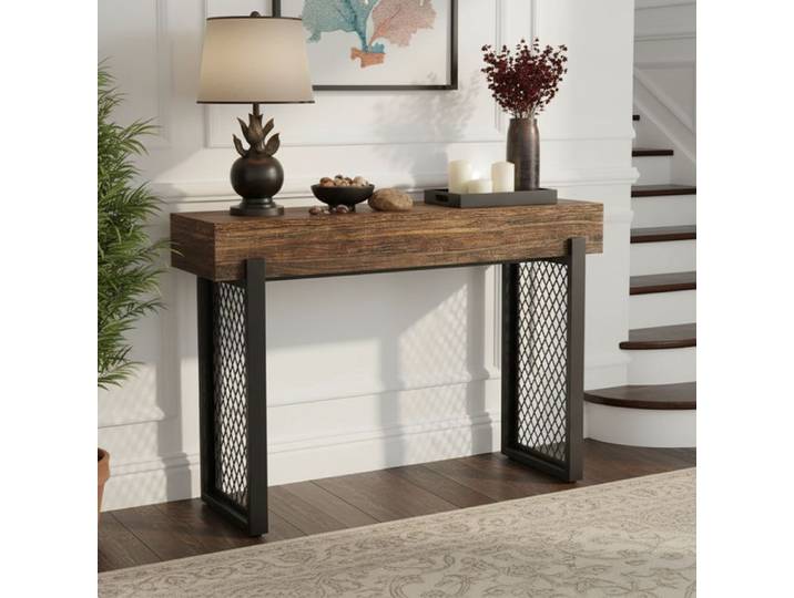 Console d'entrée TOPESCT 105x30x80 cm métal industriel pour entrée salon noir marron