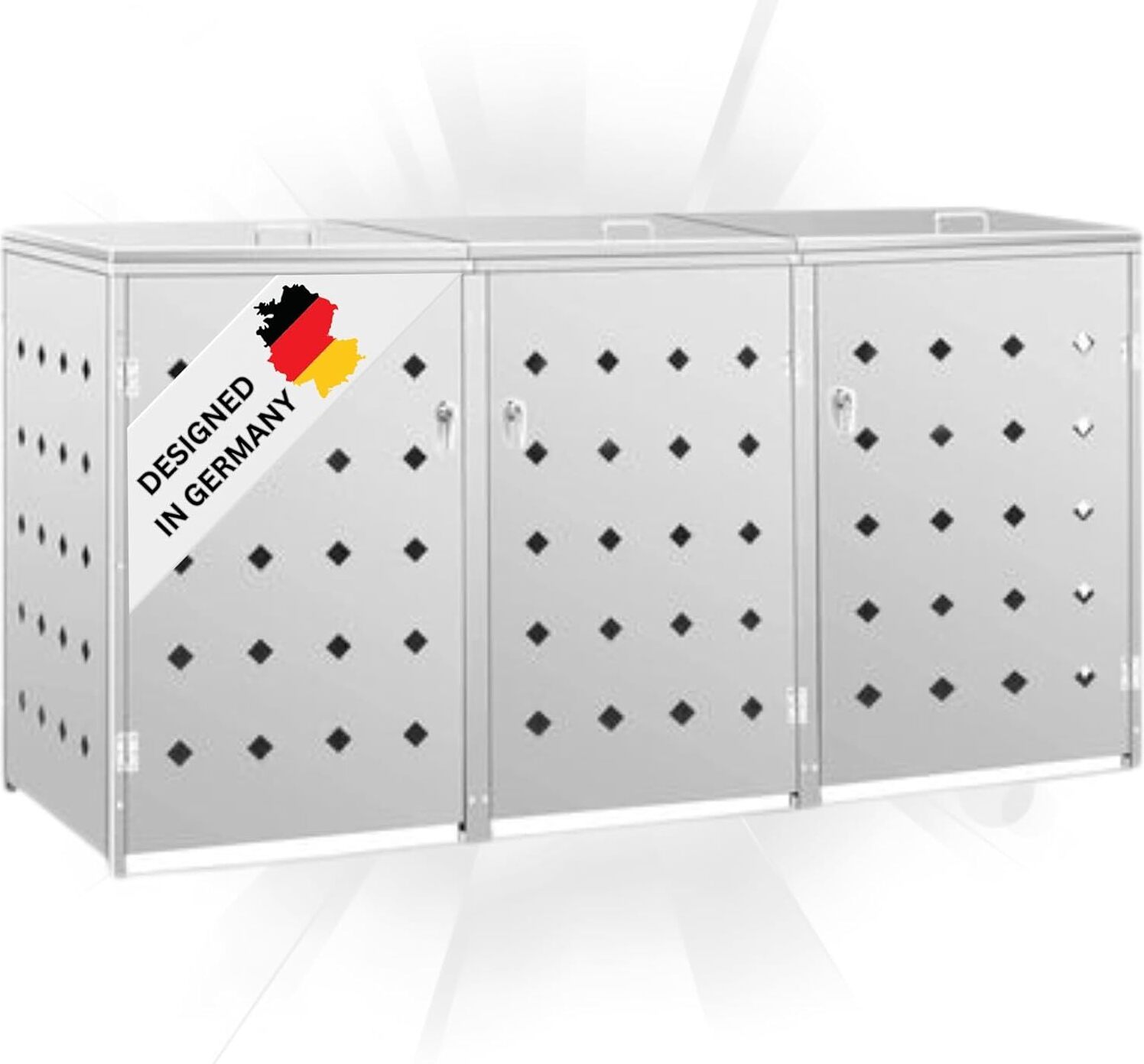 DELUKE 3er Mülltonnenbox SOGI Edelstahl | 207x115x77,5cm silber | Mülltonnenverkleidung für 3 Tonnen 240L Müllbox aus Metall Mülltonnenschutz Mülltonnendach