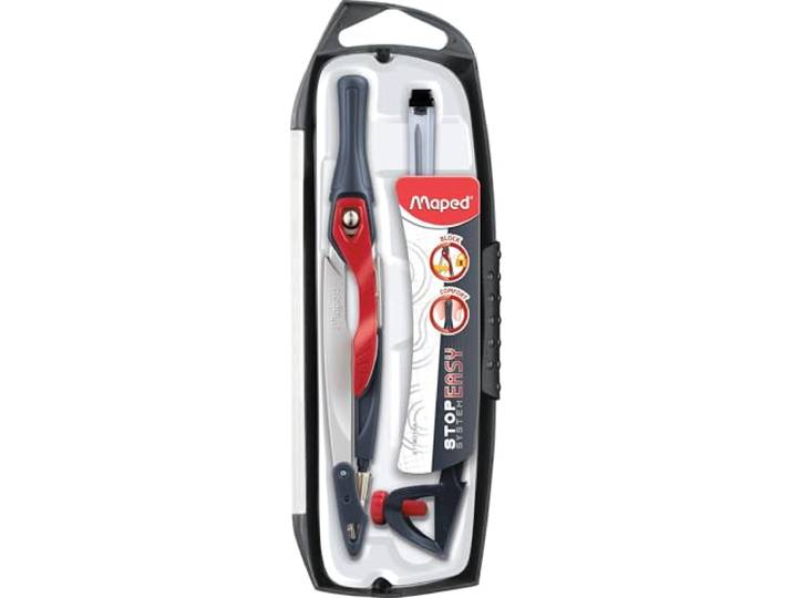 Maped - Compas Maped Stop Easy - Système de Verrouillage Breveté - Tracé Parfait - avec Sécurité Protège Pointe et Mine - Compas Mine + Bague Universelle + Crayon - Dès 10 Ans