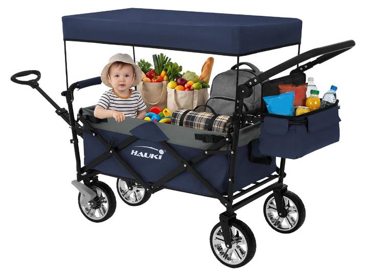 Hauki Bollerwagen faltbar mit Dach, Handwagen klappbar für Kinder, Strand, Picknick, Camping, Garten, Transportwagen XXL Grau, Gerätewagen mit Tasche