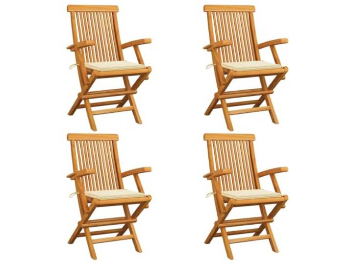 ZQQLVOO Klappstühle mit cremefarbenen Kissen, 4 Stück, Massivholz Teakholz Massivholz Teakholz, klappbar, platzsparend, pflegeleichte Oberfläche, 110 kg Belastbarkeit, für Außenbereiche