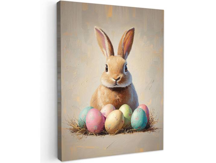 MuchoWow Leinwandbild - Osterhase - Pastell - Eier - 60x80 - Gemälde, Beige, Textil, Kiefer, Abstrakt, Rechteckig, 60x80 cm, gerahmt, Bilder & Rahmen, Bilder, Wandbilder