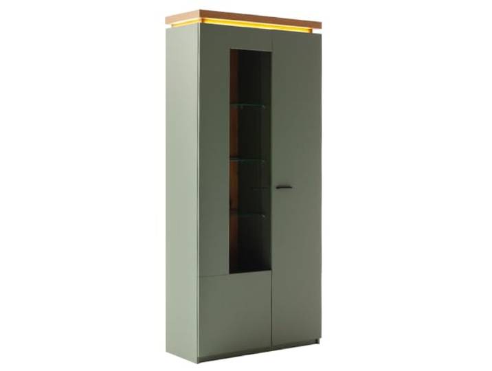 Lomadox Esszimmer-Vitrinenschrank mit 88cm Breite in Grün mit Eiche, 2 Türen, Glaseinsatz, LED-Akzentbeleuchtung -