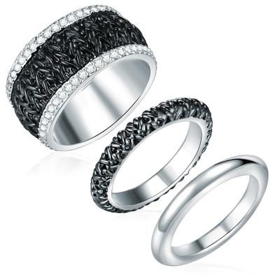 Fingerring LULU & JANE "Set: AV139" Gr. 52, schwarz (silber), Fingerringe, Damen, 52, Metall, Fingerring, verziert mit Kristallen von Swarovski